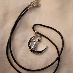 Silver Cat and Moon Pendant Necklace